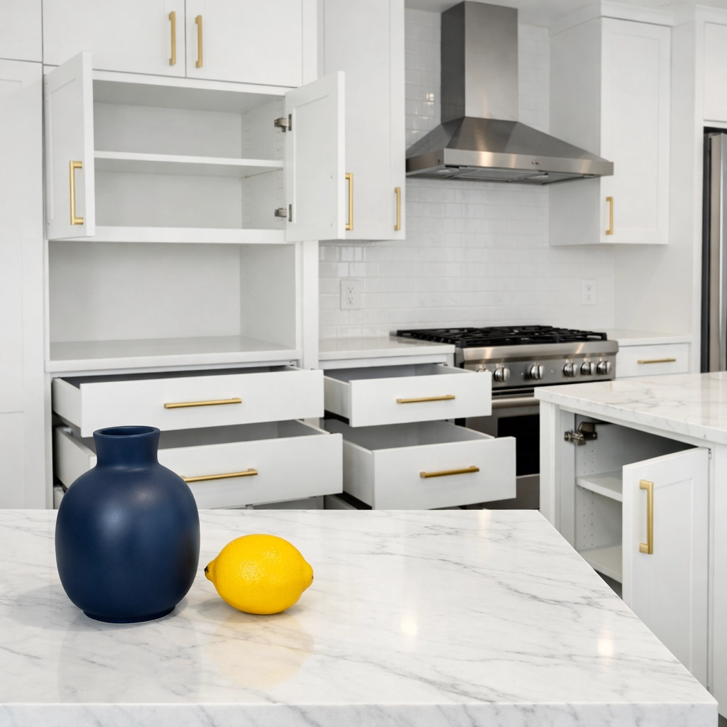 Inside of clean kitchen cabinets and drawers following a move-in cleaning service in Lowell MA.