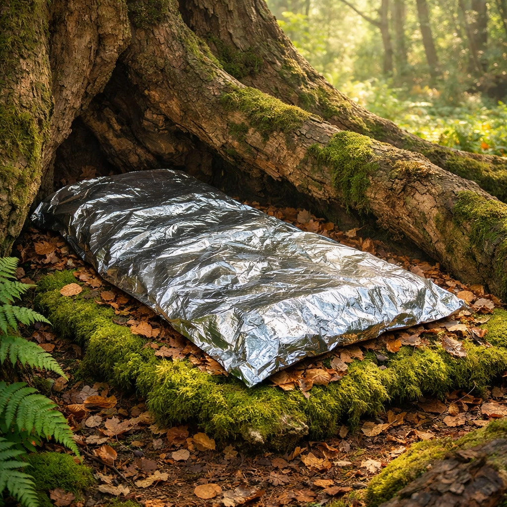 Emergency bivouac bed with silver survival blanket in a lush UK woodland for wild camping safety.