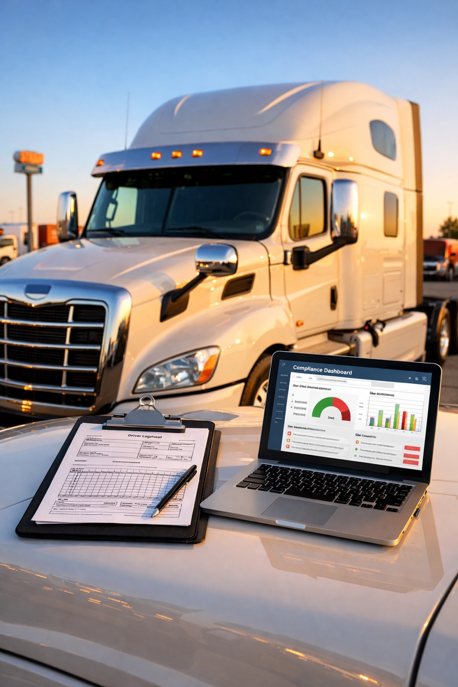 Modern semi-truck with compliance documents and laptop, illustrating trucking company startup and management in 2026.