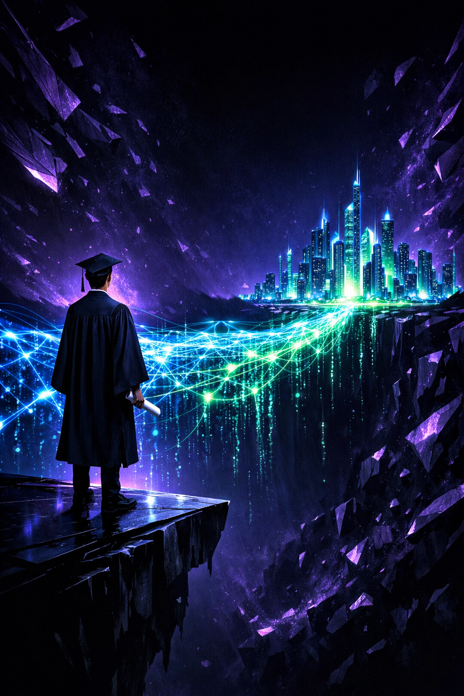 A graduate crossing a data-driven bridge representing the bridge between campus and custom AI solutions.