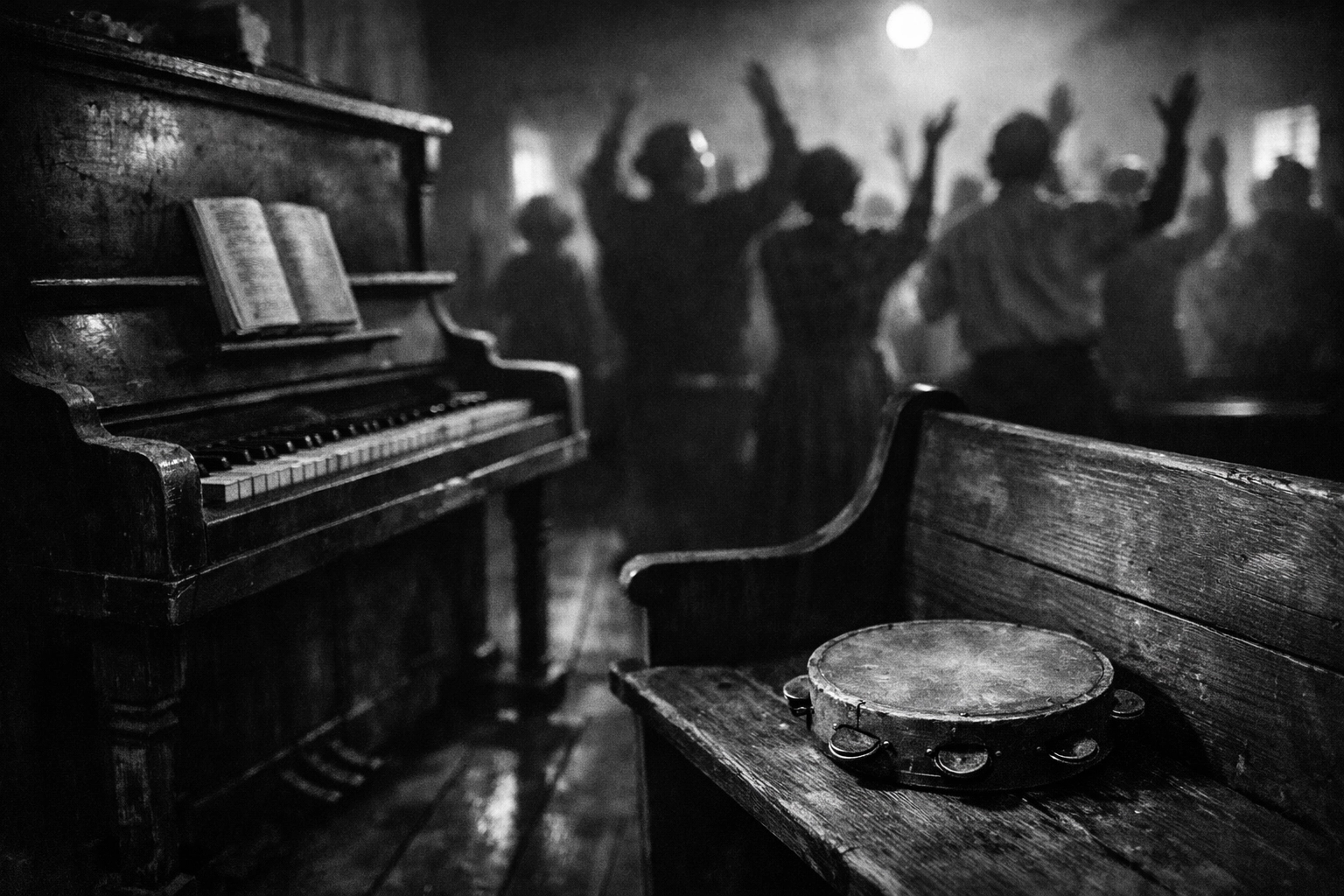 Interior of a 1930s Mississippi Pentecostal church where young Elvis Presley first heard soulful gospel music.