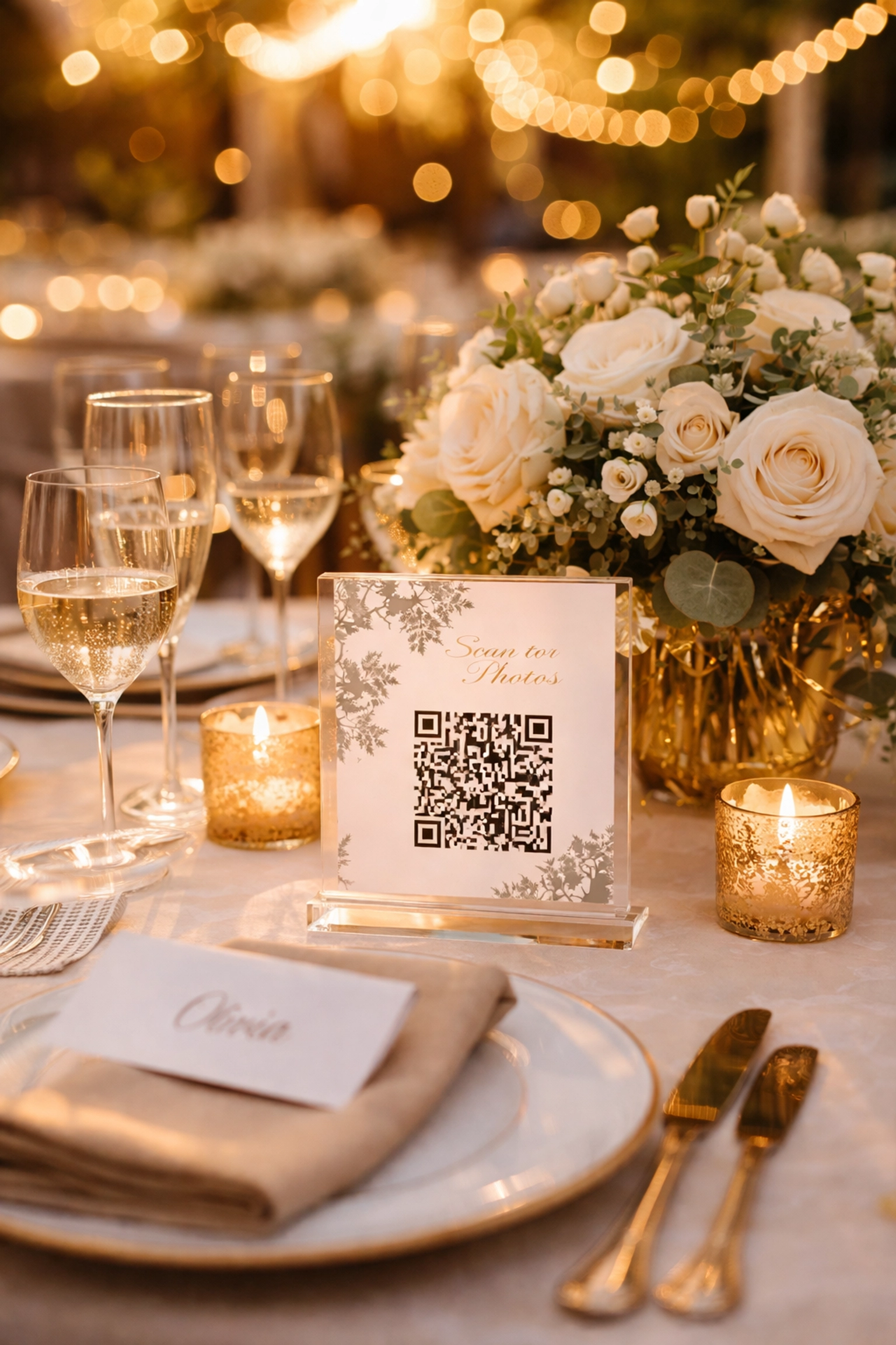 Elegant wedding reception table with QR code among floral centerpieces, illustrating easy guest contributions for wedding funding.