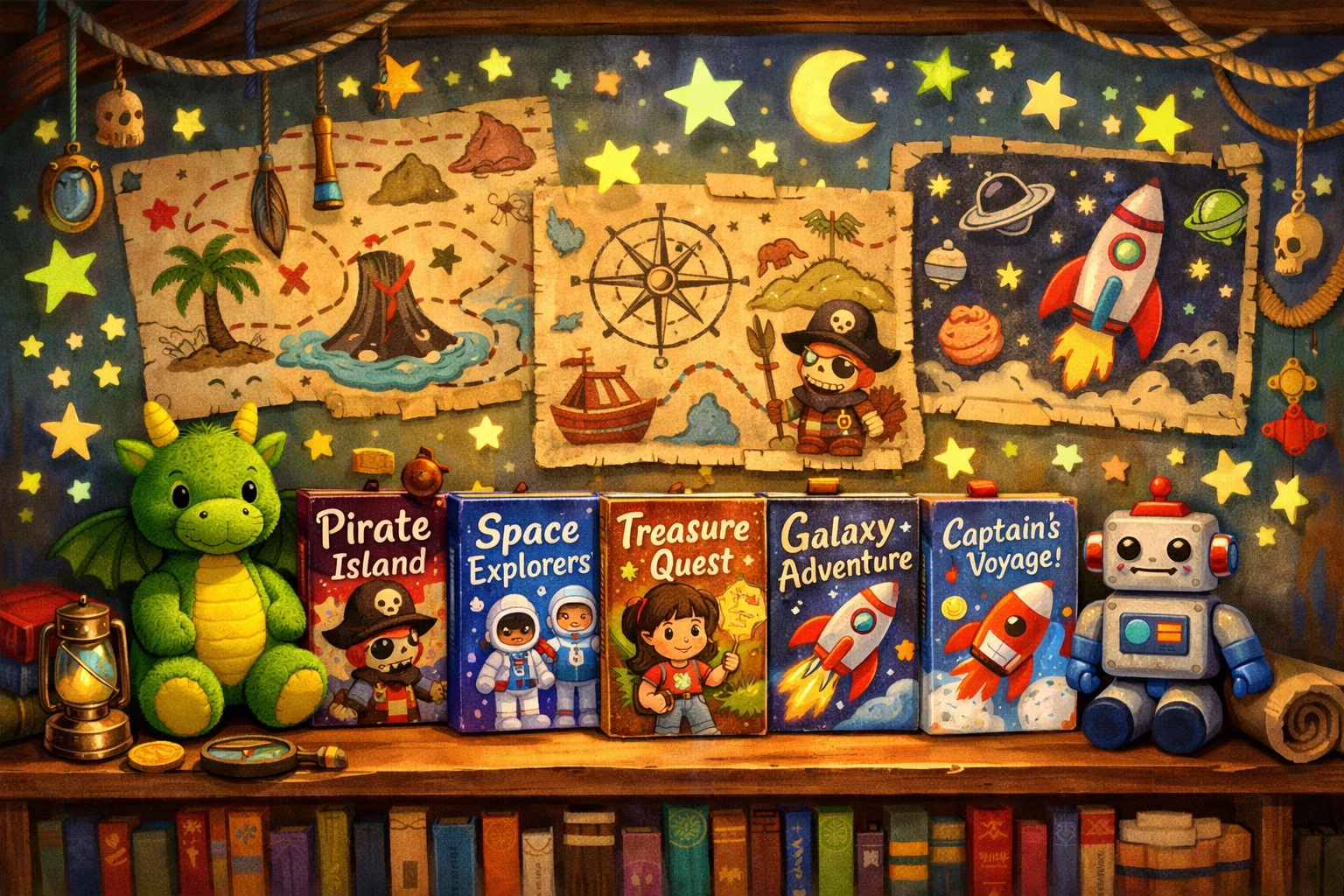 Kids' adventure themed reading area with bookshelves, treasure maps, and toys to spark imagination.