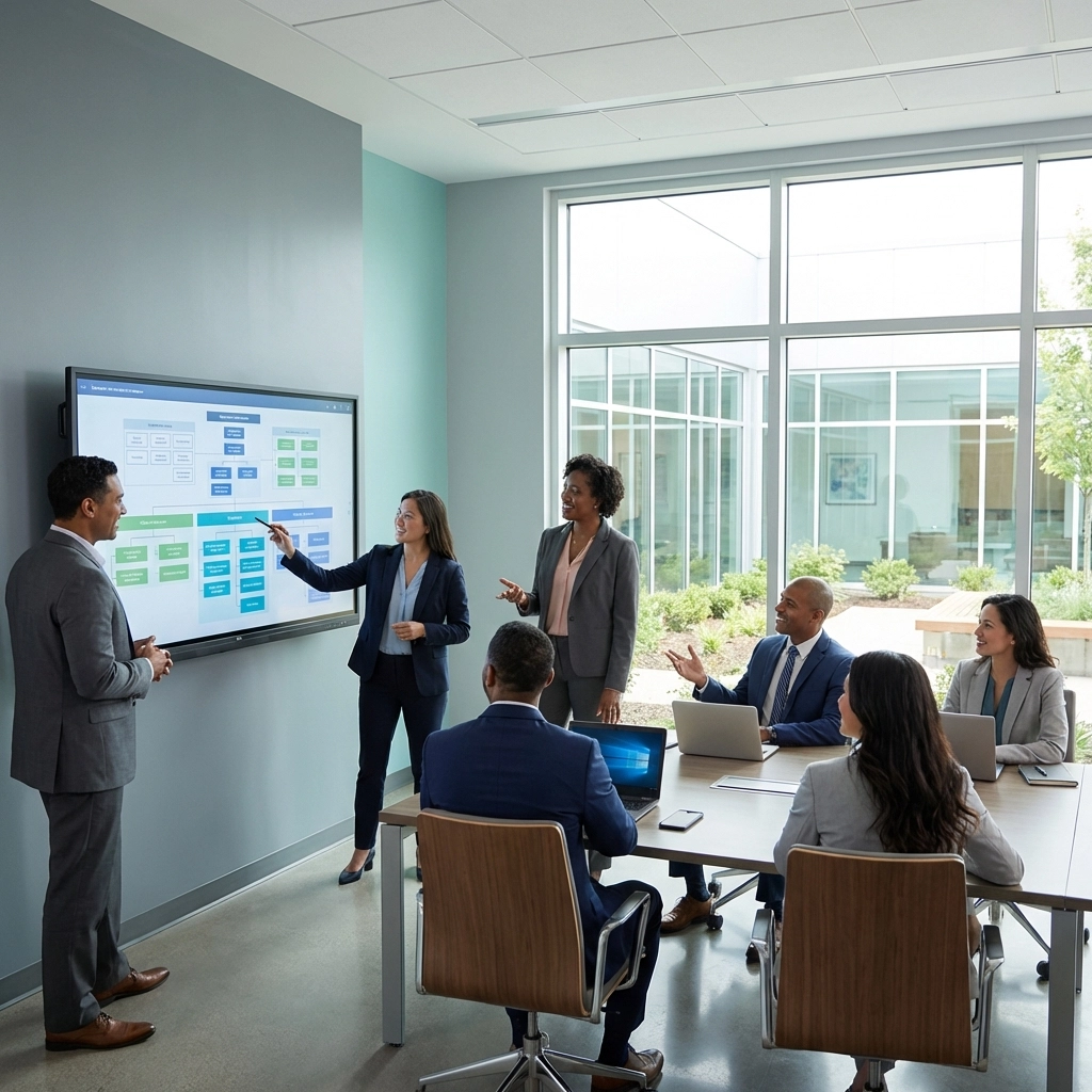 Healthcare leadership team reviewing compliance flowcharts in a modern ASC conference room