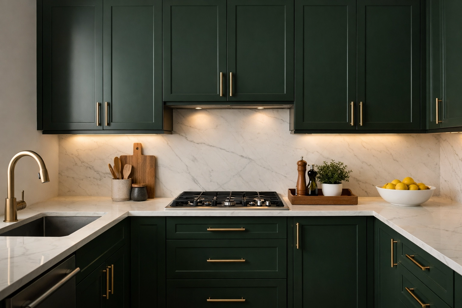 Moody forest green cabinetry with brass hardware for a luxury kitchen renovation in Red Deer.