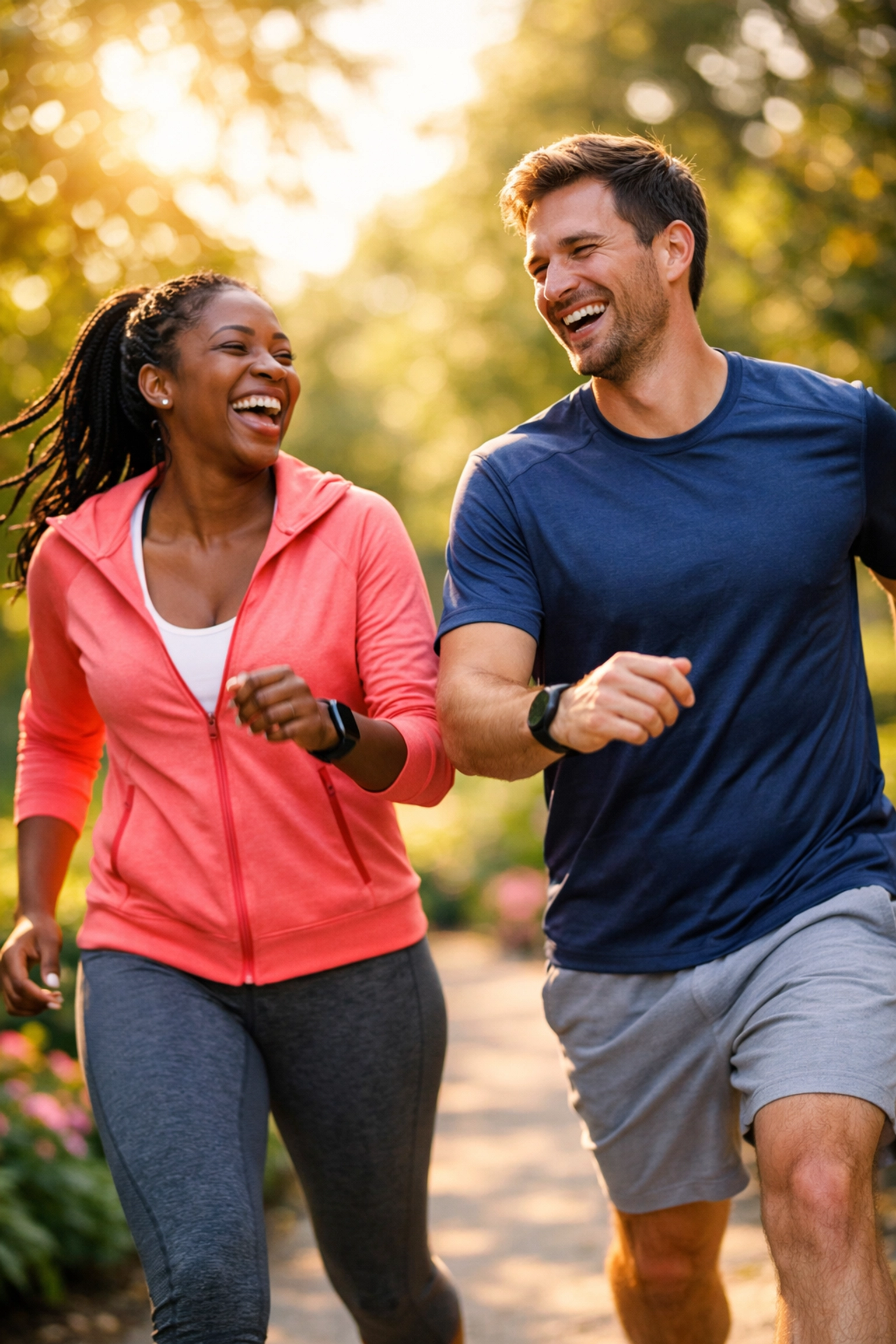 Active adults walking outdoors representing vitality and progress from medical weight loss programs.