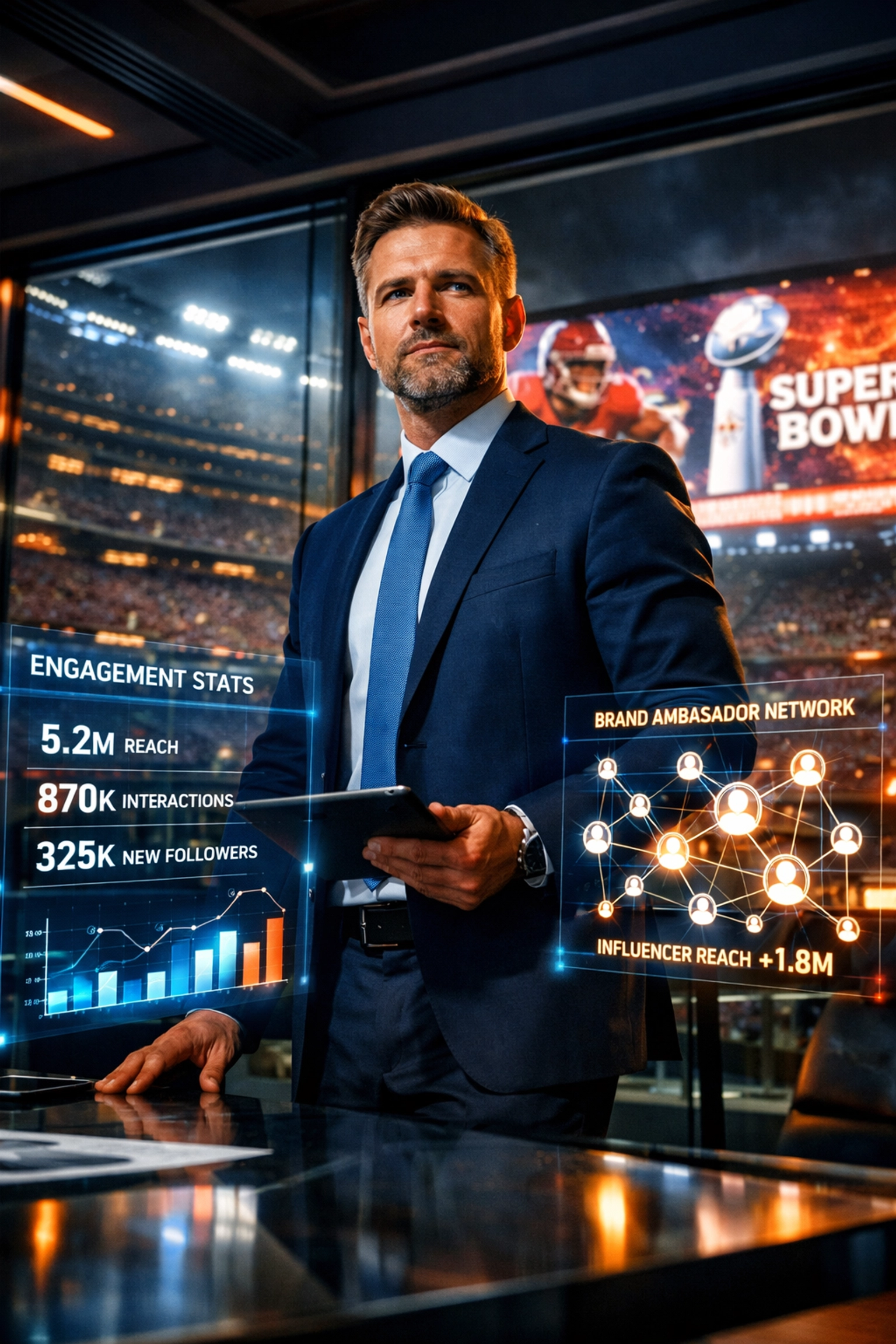 Fortune 1000 marketing director reviewing Super Bowl brand ambassador engagement metrics and strategy