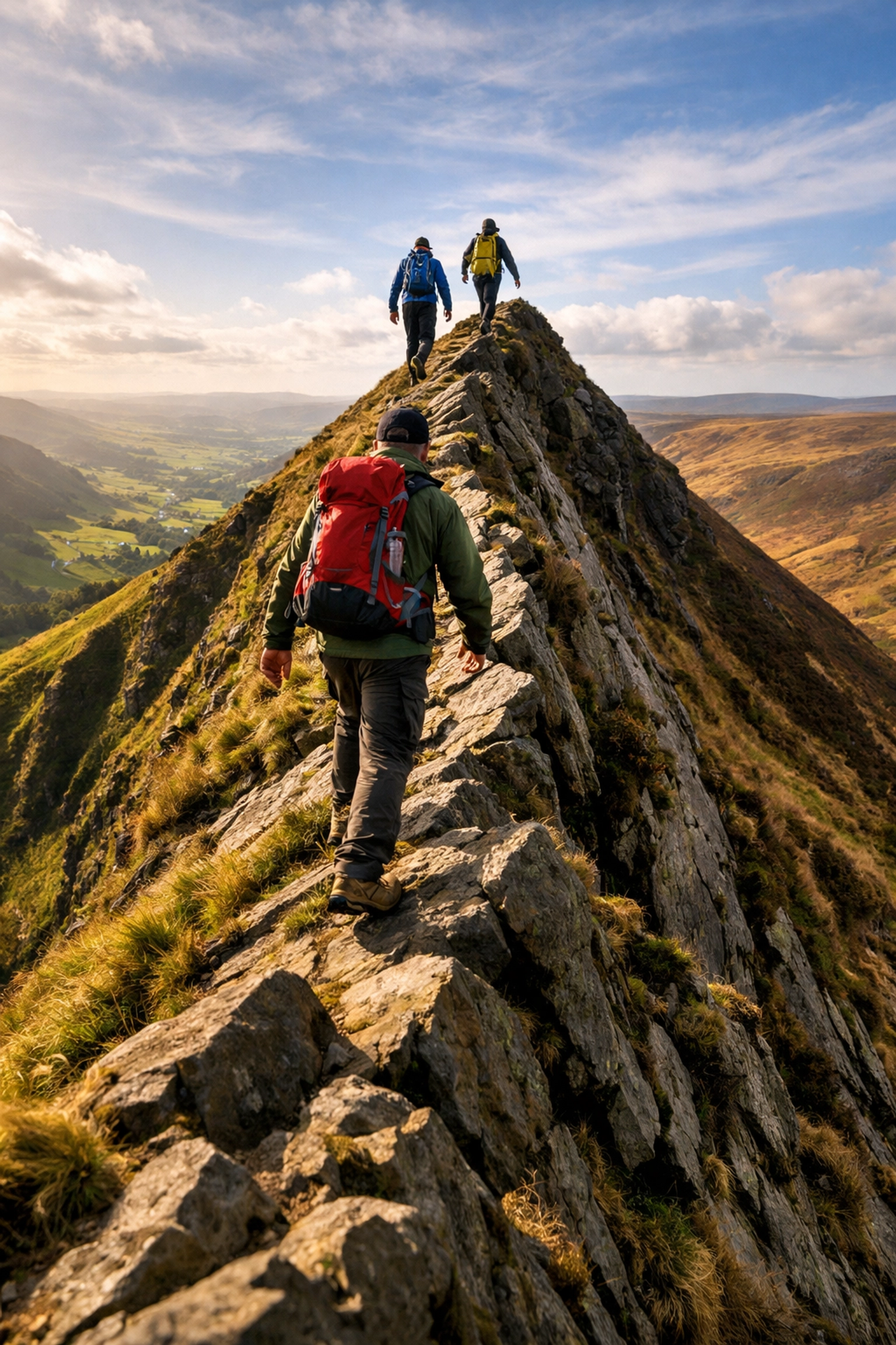 Hikers traversing dramatic ridge walk in Peak District moorlands