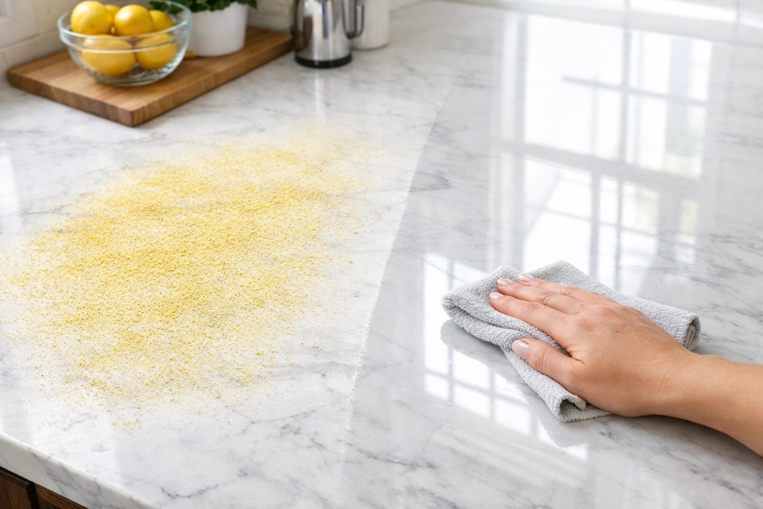 Cleaning yellow pollen from a white marble kitchen counter with eco-friendly products in Tampa.