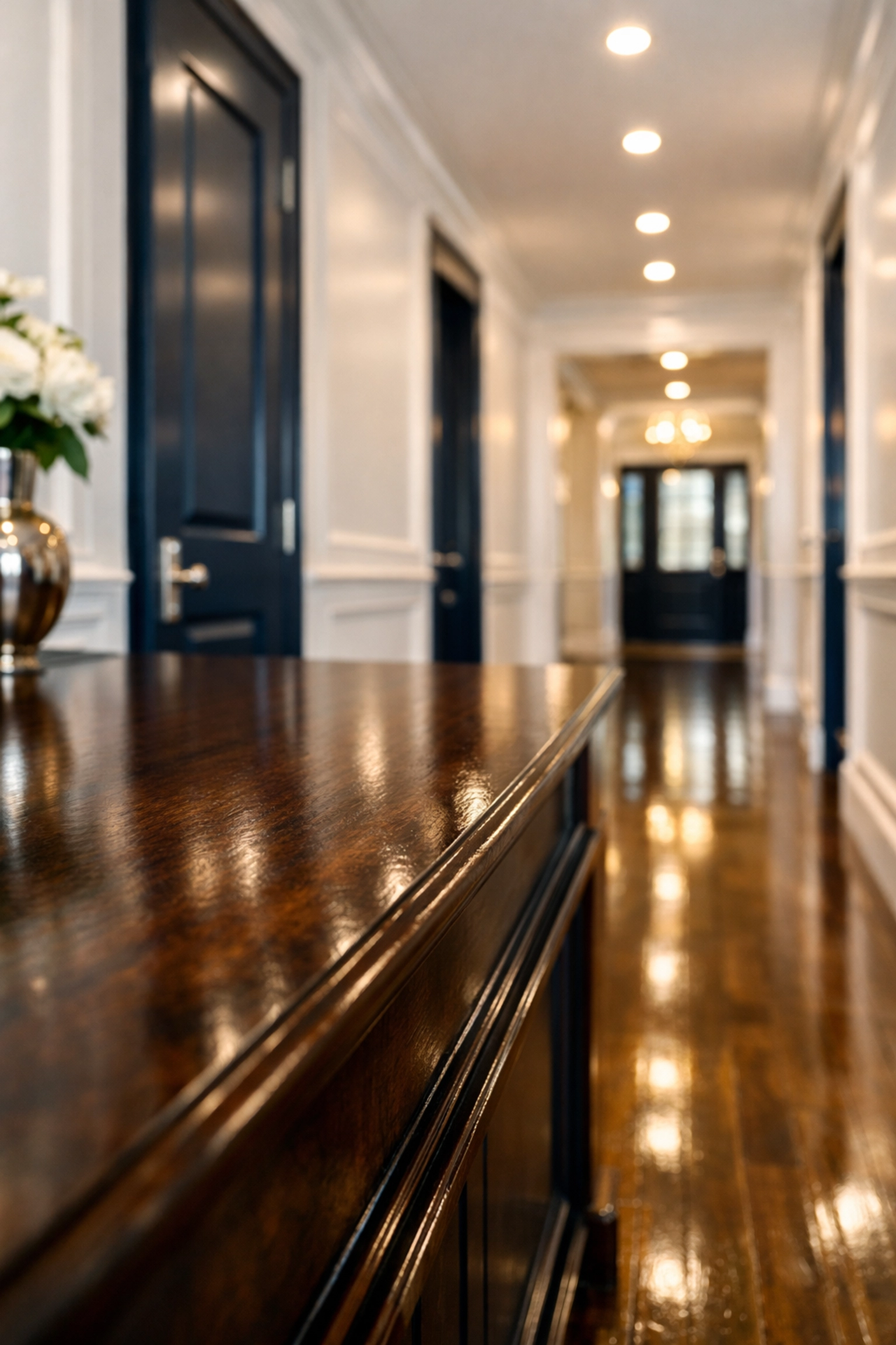Immaculate hallway with polished floors showcasing luxury deep cleaning in Newton MA for a high-end property.