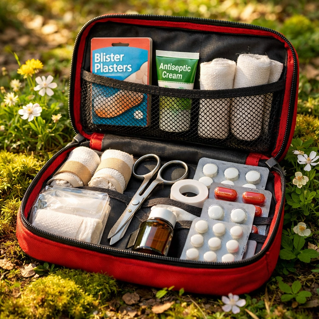 Outdoor first aid kit with bandages, plasters, and medical supplies for camping safety