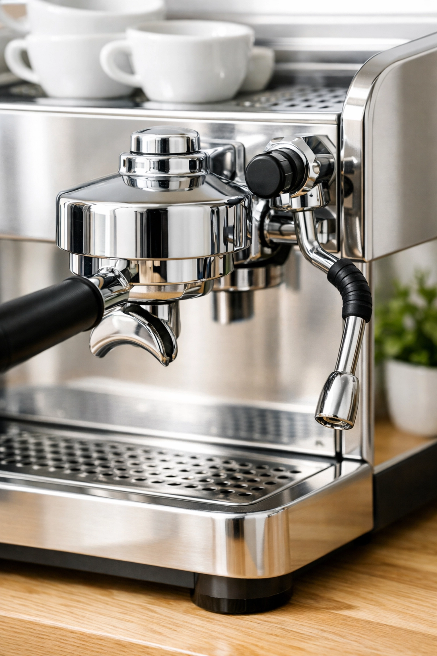Professional stainless steel espresso machine protected from limescale damage through quality water.