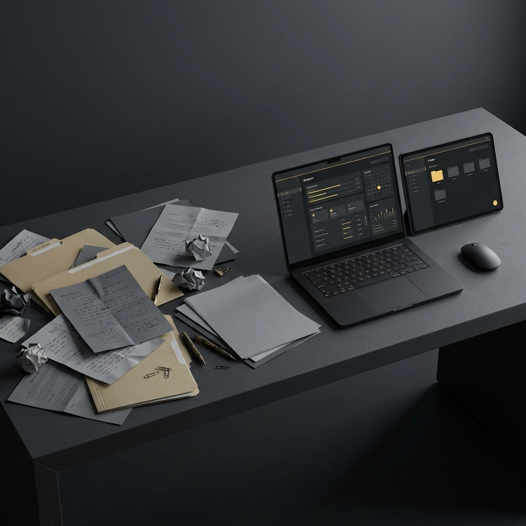 Office desk showing paper documents turning into digital files, illustrating digital transformation for UK businesses