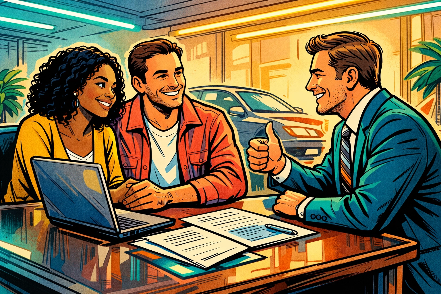 Couple discussing flexible car financing options with advisor at Arnold, MO dealership