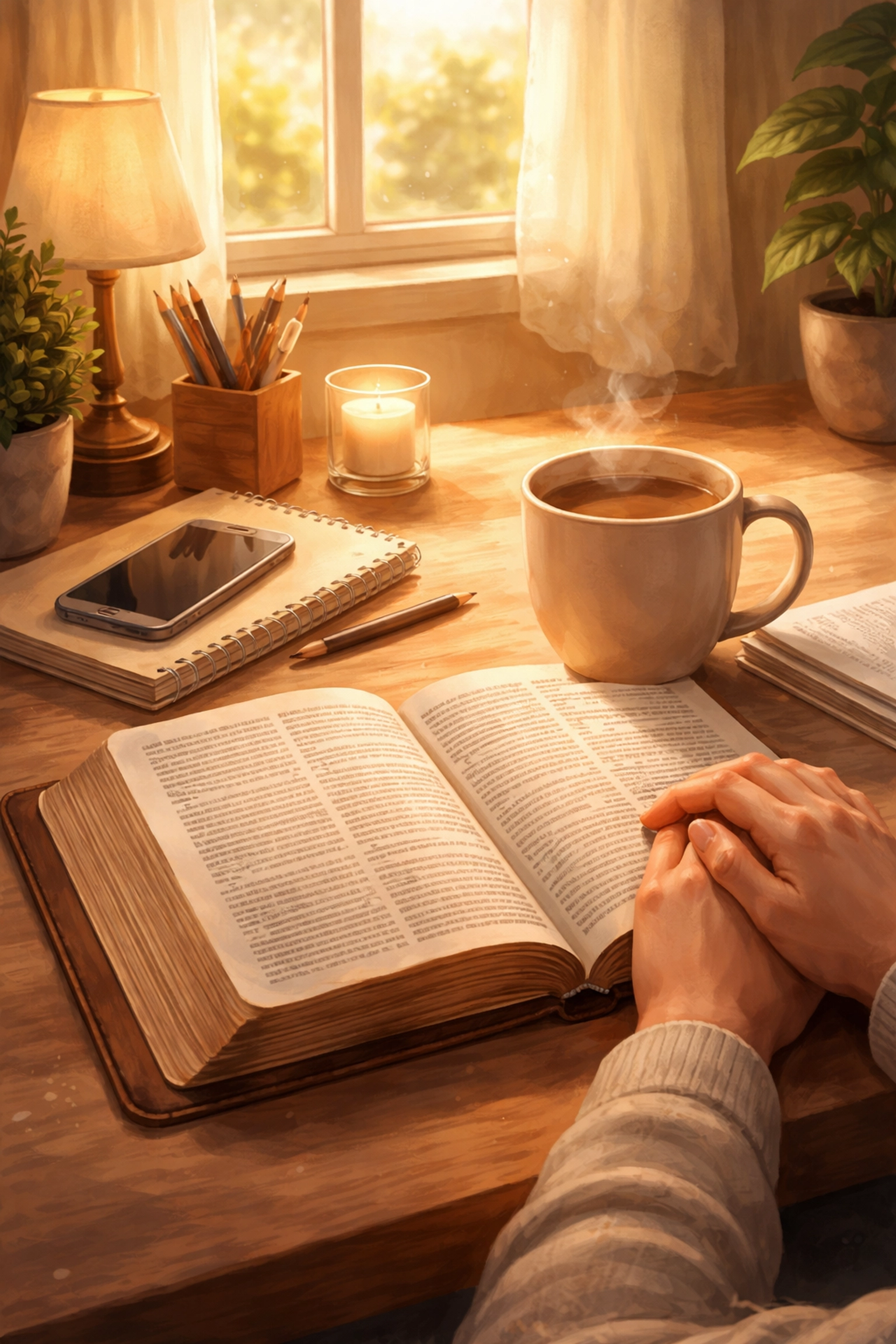 A cozy home office scene with hands on an open Bible beside coffee, reflecting personal faith and spiritual growth.