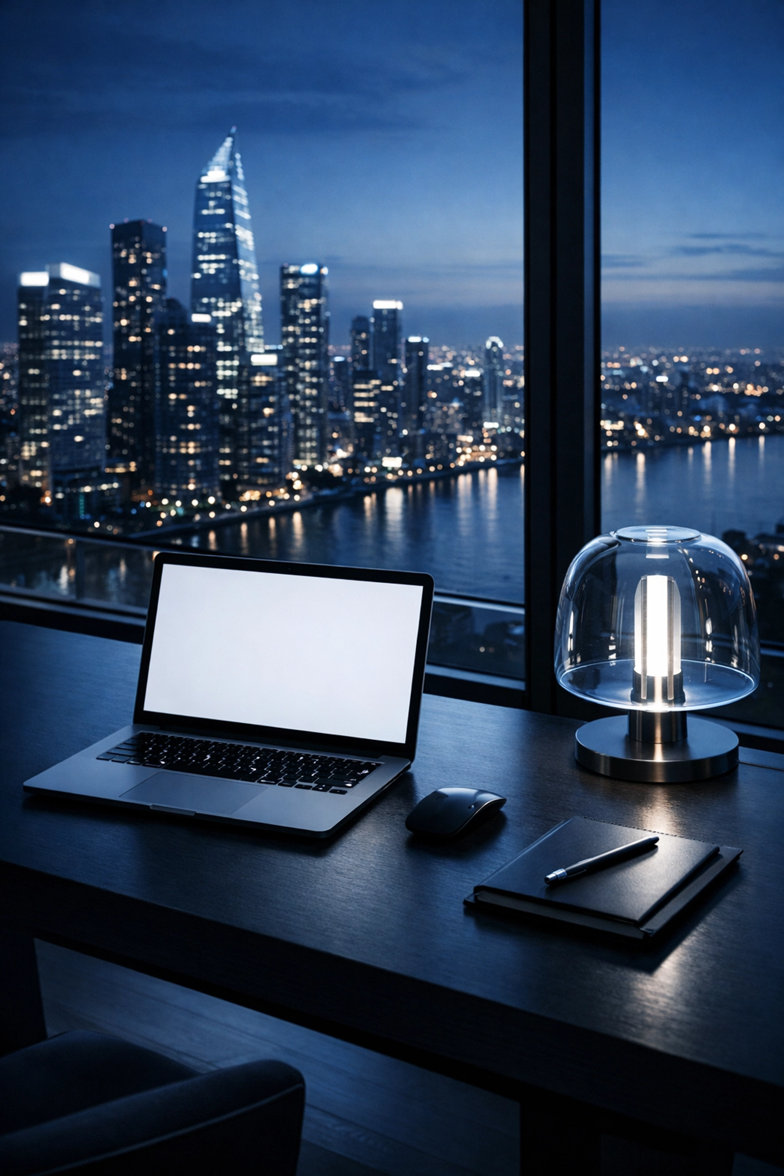 Modern home office overlooking a city skyline, illustrating remote worker safety and hybrid emergency management.