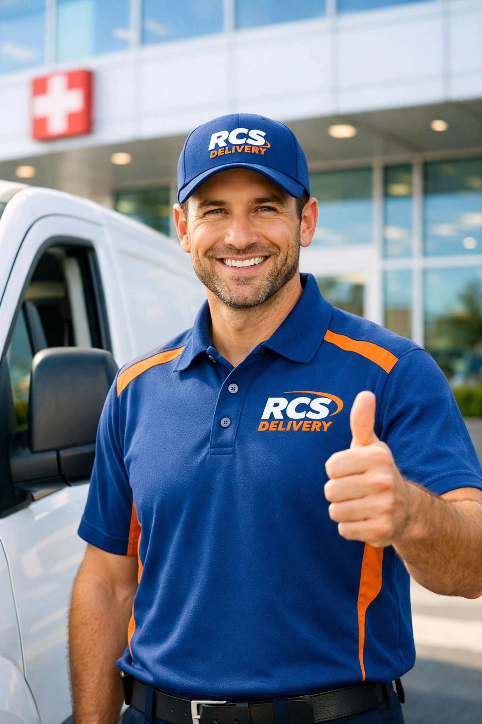 A reliable RCS Delivery professional providing expert medical courier services outside a modern healthcare facility.