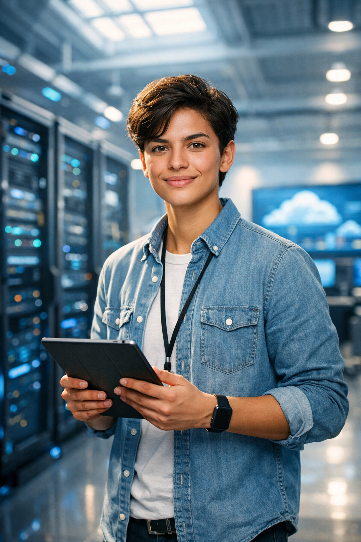 Confident IT professional in cloud computing center representing tech career success