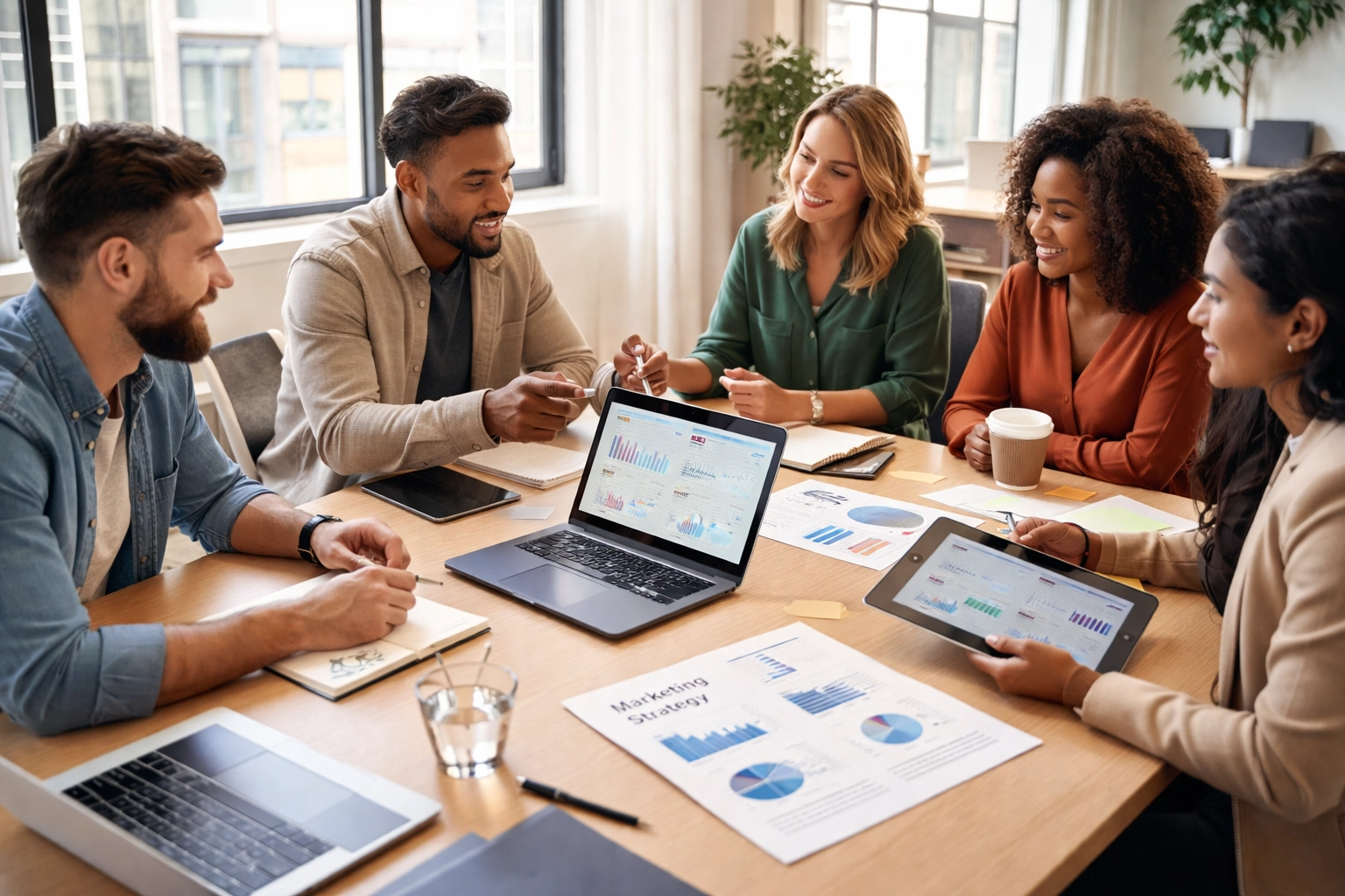 A diverse marketing team collaborates on sponsorship activation strategy in a bright, contemporary office setting.