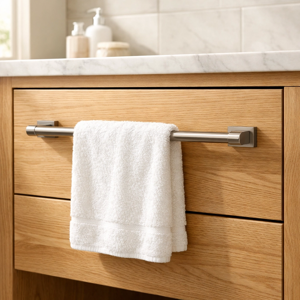 Custom light oak bathroom vanity drawer featuring a functional brushed nickel towel bar pull for smart storage.