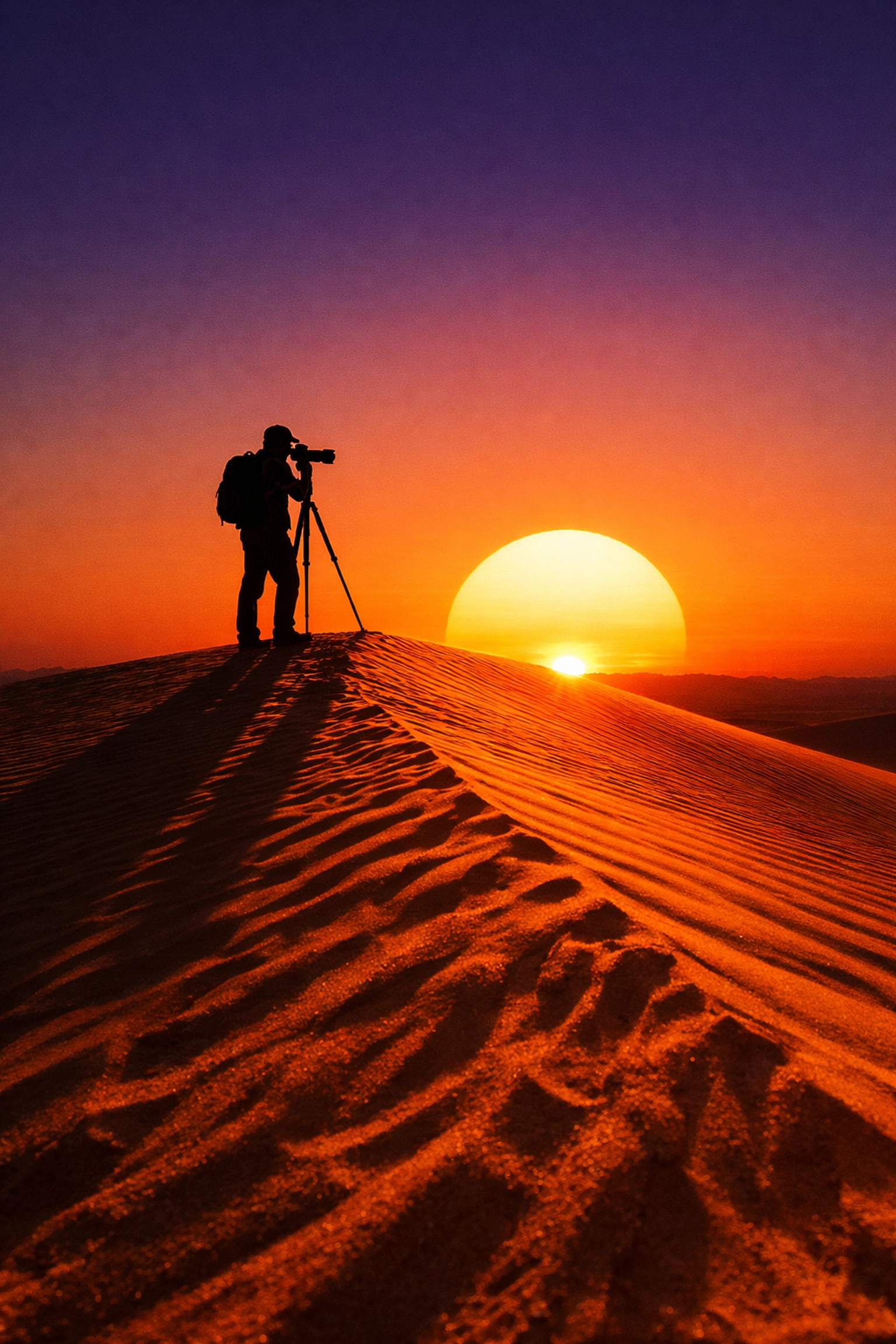 A landscape photographer captures a desert sunset on a sand dune using professional landscape photography tips.