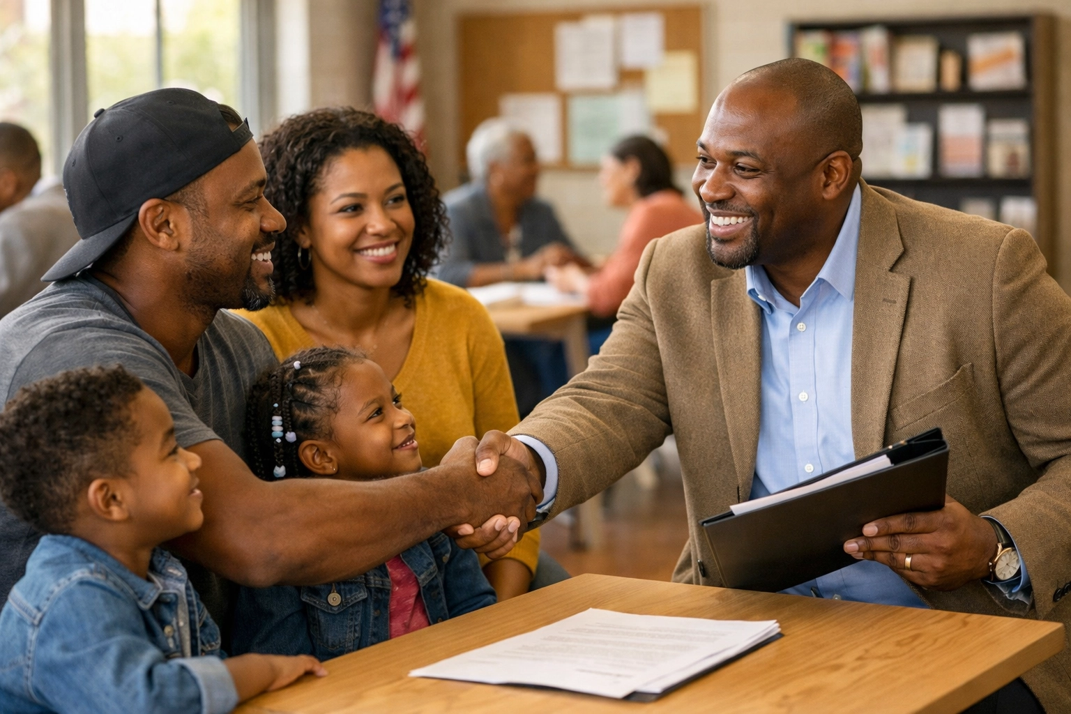 A housing advocate shakes hands with a Black tenant, highlighting landlord cooperation and renter rights.