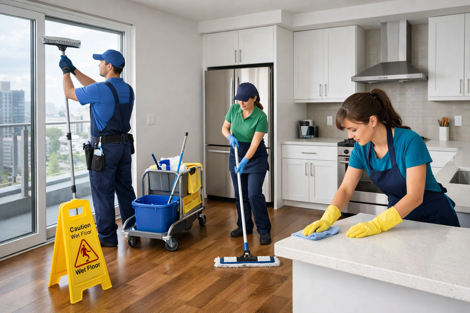 Professional cleaning team performing make-ready cleaning in modern vacant apartment unit