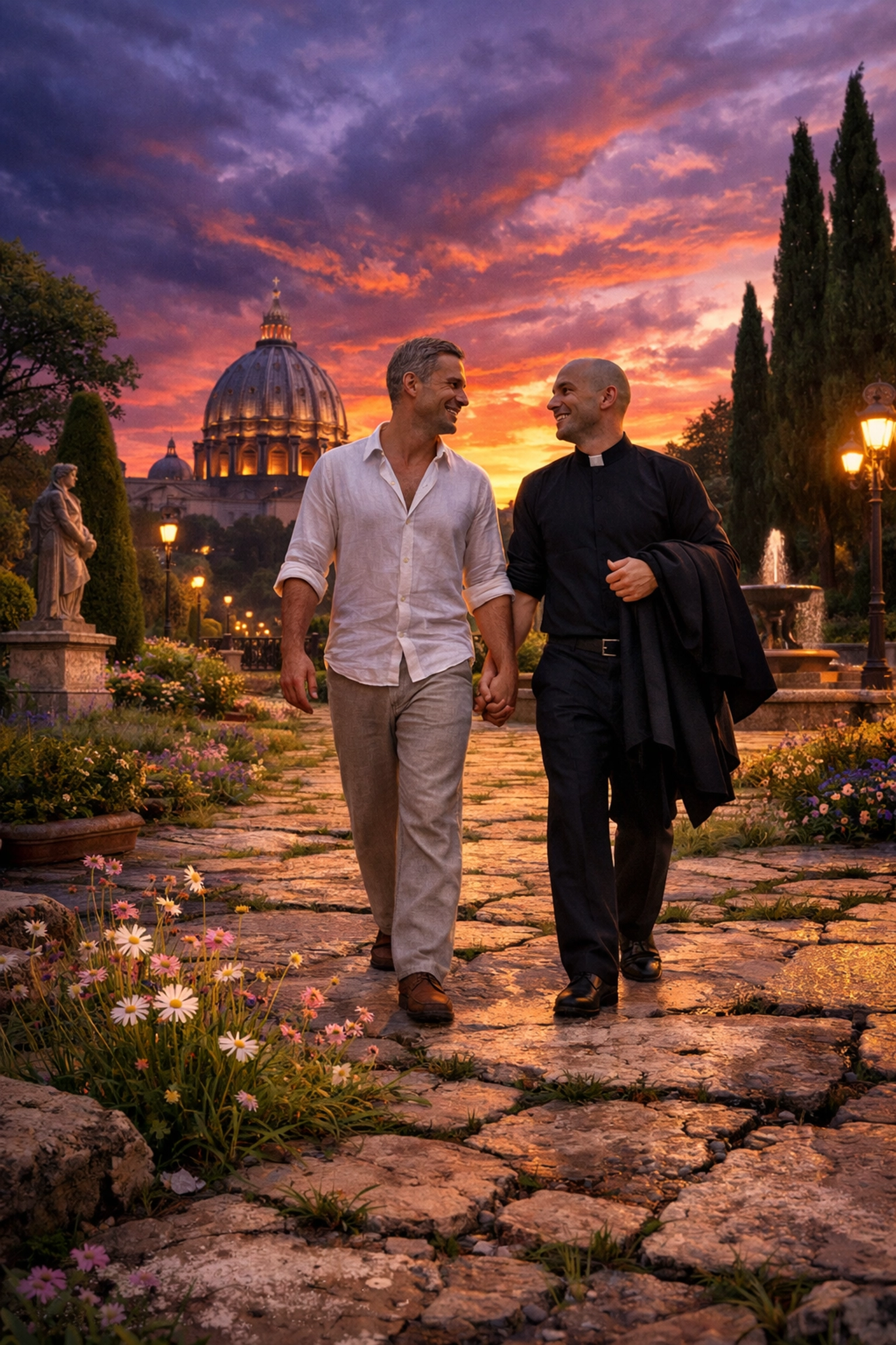 A gay couple walks hand-in-hand through the Vatican Gardens at sunset, illustrating authentic LGBTQ+ love stories.