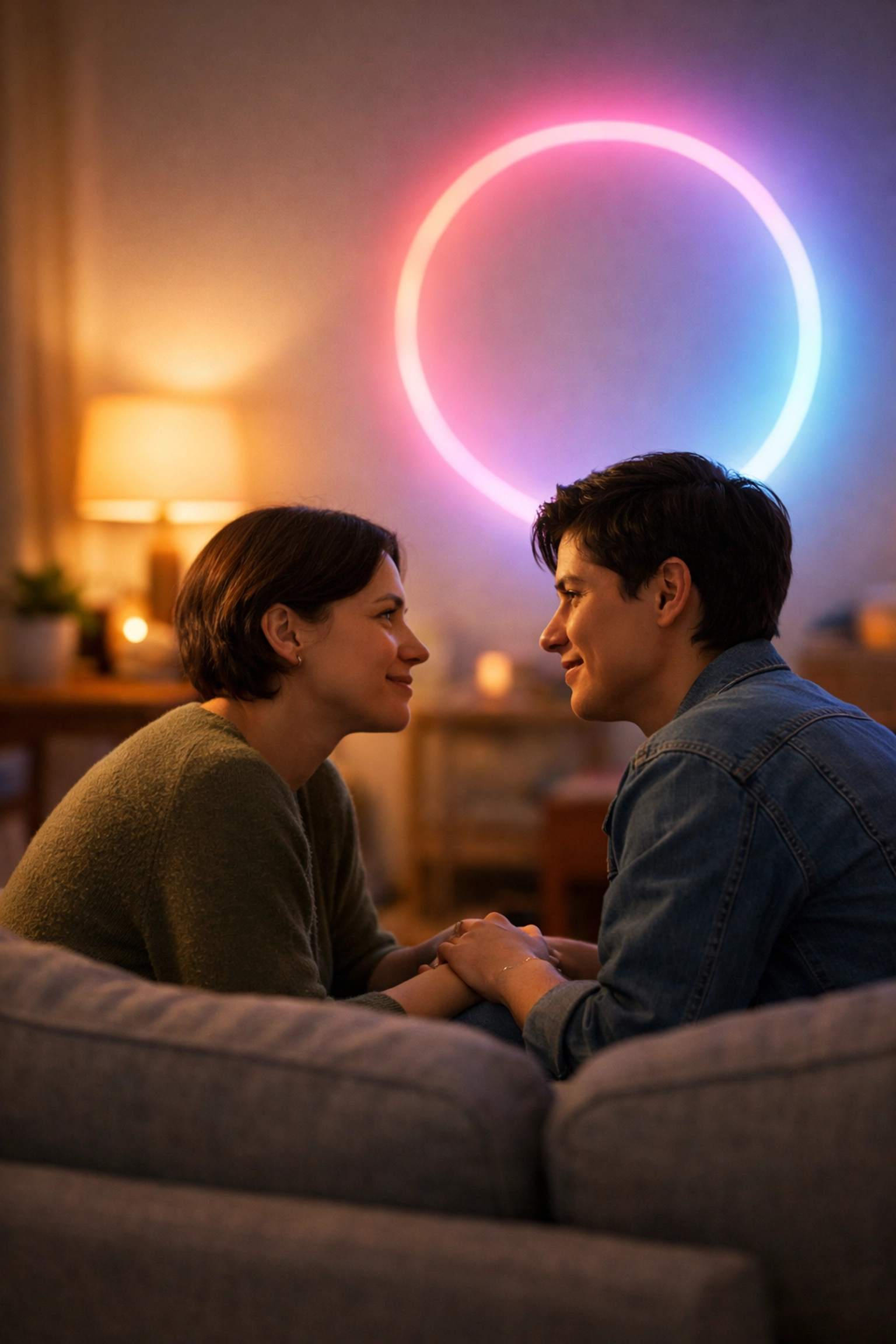 A couple having a supportive, calm conversation about crossdressing in a cozy living room setting.
