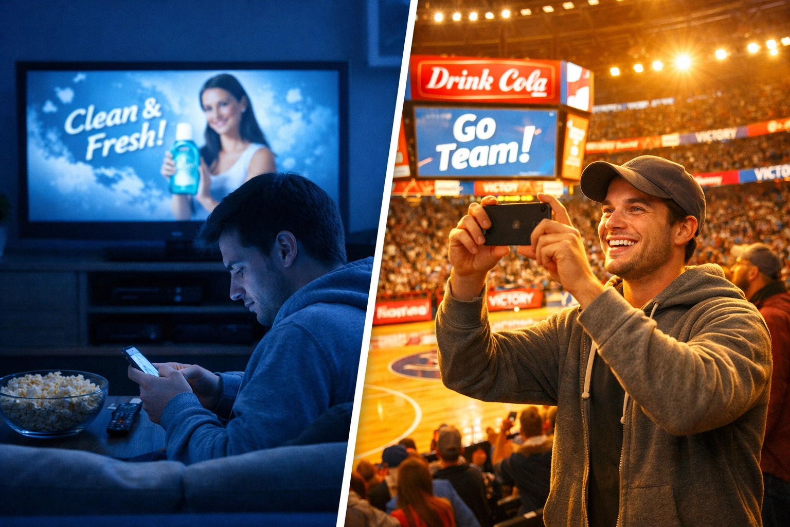 Comparison of distracted TV viewer versus engaged fan at sports venue with environmental ads