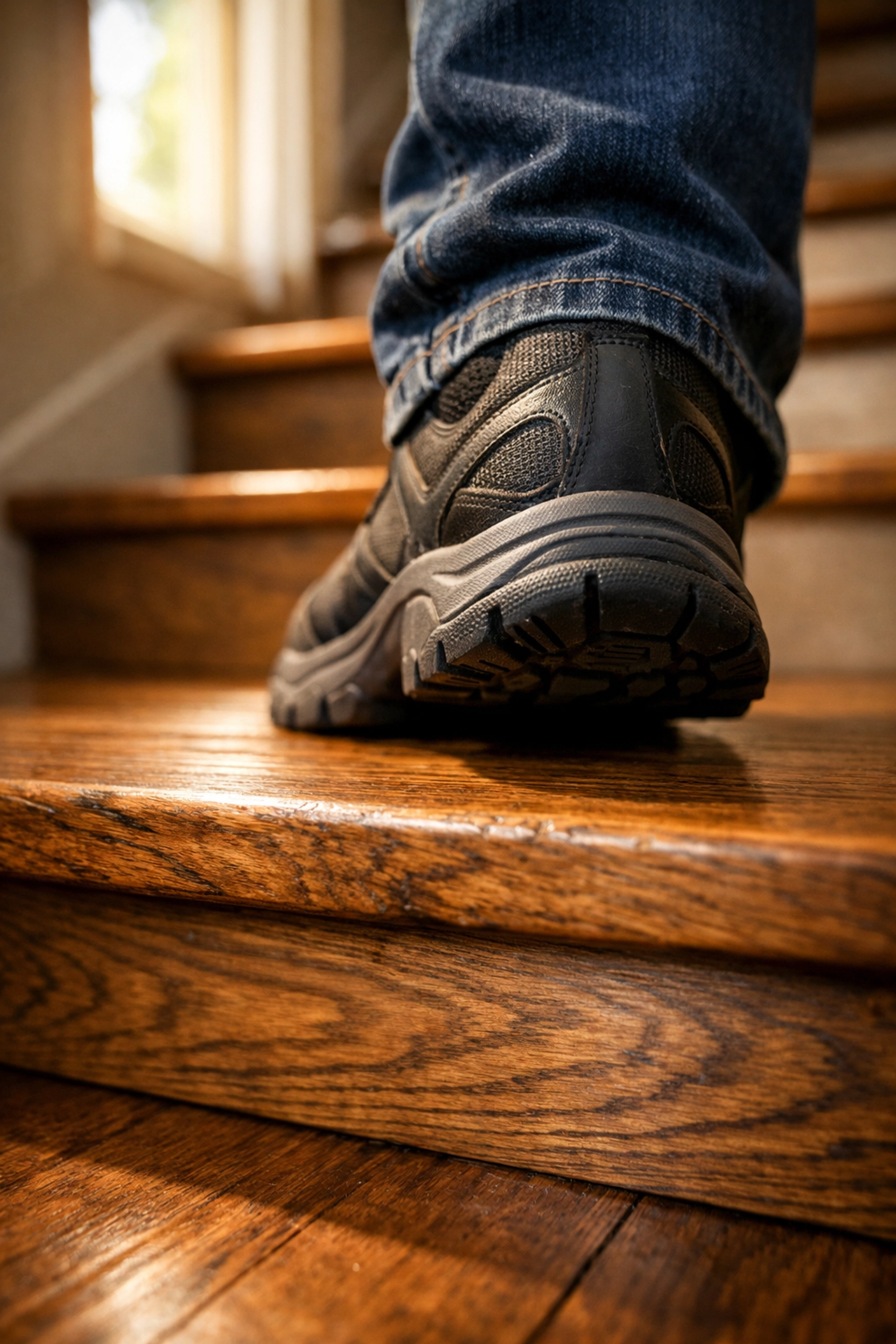 Supporting non-slip shoes making firm contact with a wooden stair tread for better fall prevention.