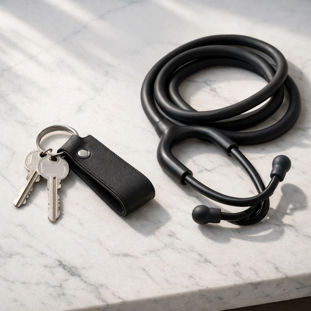 House keys and a stethoscope on a marble counter, symbolizing medical residency and homeownership in Cleveland.