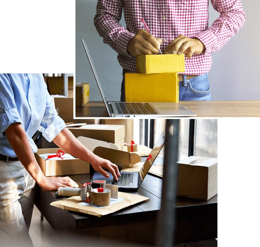 Two ecommerce sellers work with laptops, surrounded by shipping supplies and multiple packages ready for fulfillment, highlighting a streamlined multi-channel workflow.