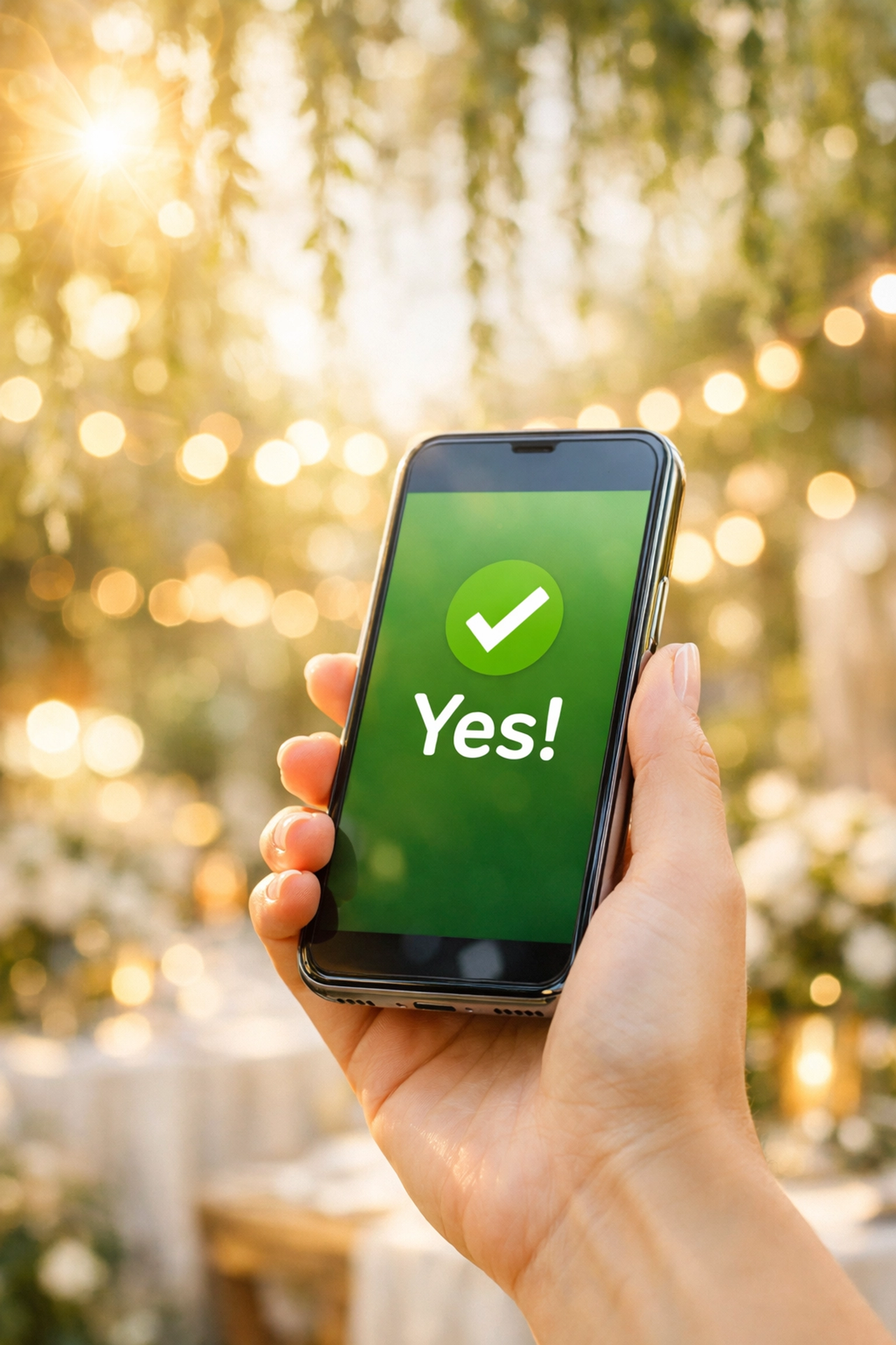 Close-up of a guest sending an online wedding RSVP and contribution via smartphone.