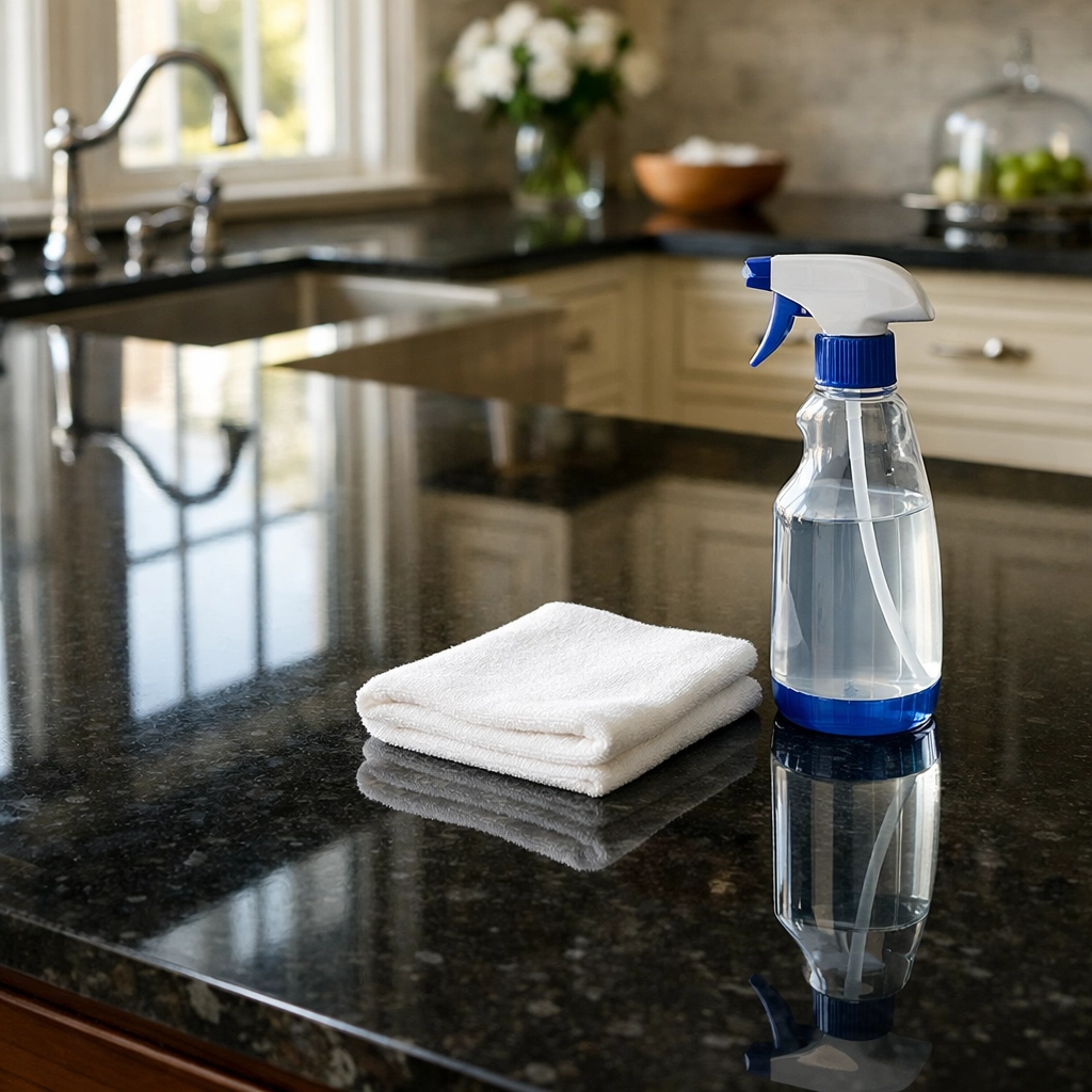 Streak-free granite countertop in a Southborough kitchen showcasing professional deep cleaning results.