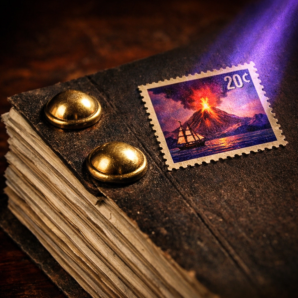 Legal document vessel bound with brass rivets and a postage stamp to establish maritime jurisdiction.