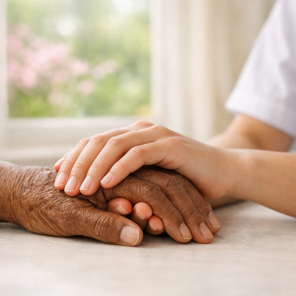 Hands of a patient and provider joined together, symbolizing a partnership for mental health healing.