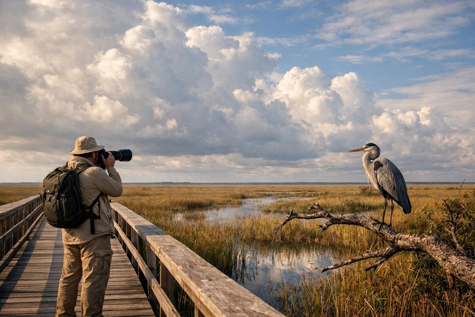 A photographer maintaining a safe distance from a heron while capturing the vast Everglades landscape.