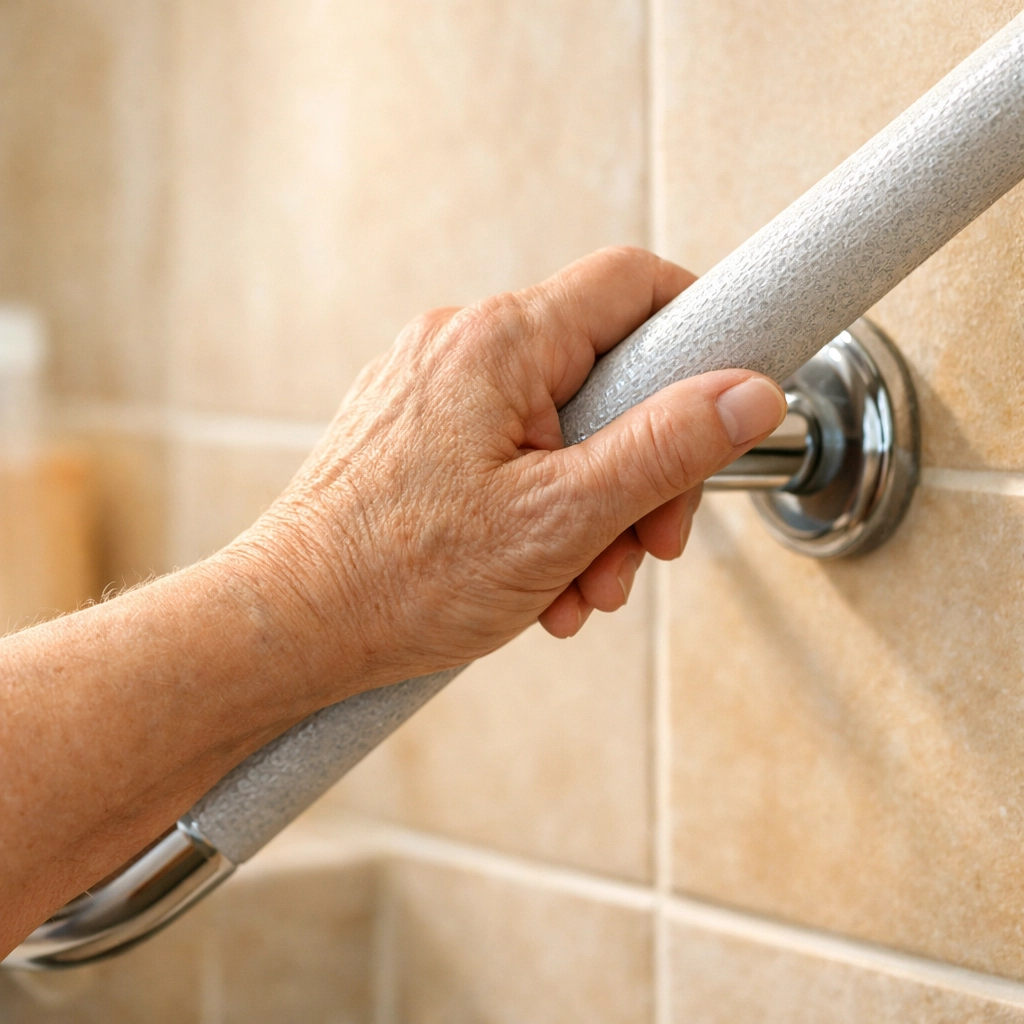 Close-up of a senior hand gripping an ergonomic angled grab bar for stable sitting and standing.