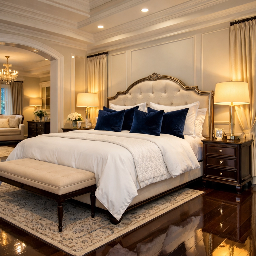 Deep cleaned master bedroom in a Lynnfield residence showing expert residential cleaning services.