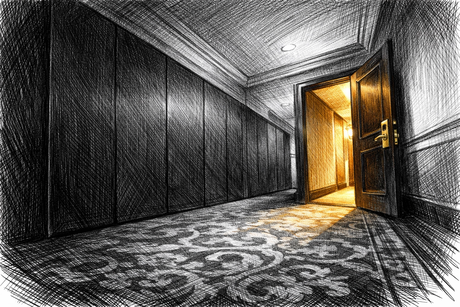 Professional hotel hallway renovation partition separating construction work from guest areas.