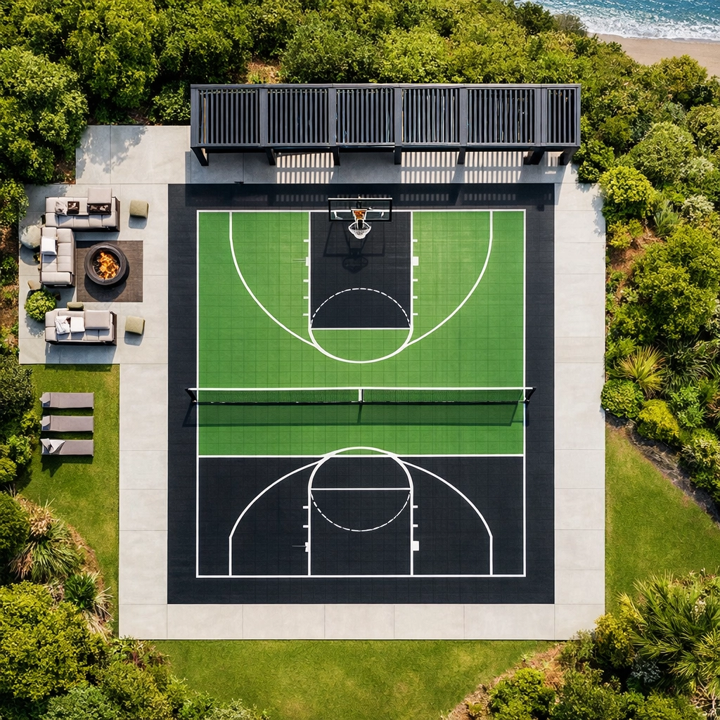 Aerial view of a modern multi-sport court with green PP tiles integrated into a luxury NZ backyard.