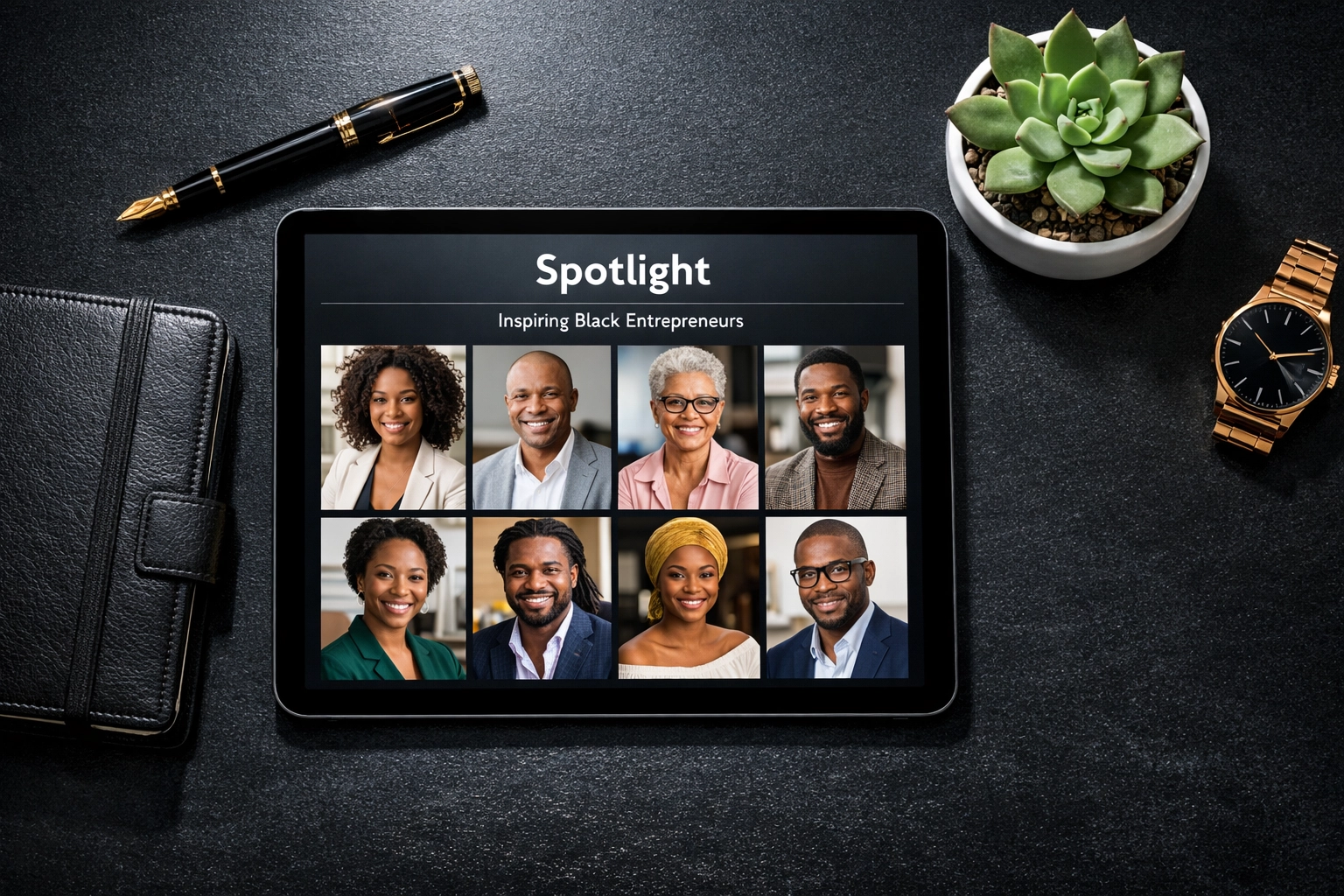 A professional desk featuring a tablet displaying a gallery of curated Black entrepreneurs.