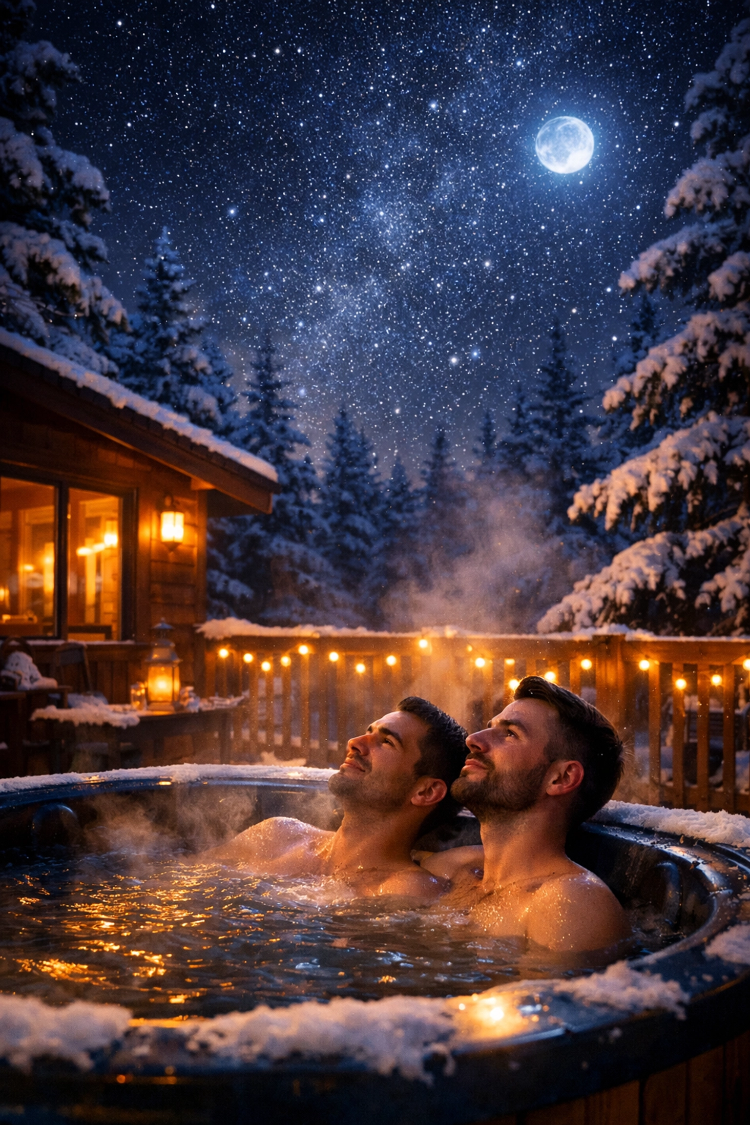 Gay couple in private hot tub under stars at romantic winter cabin retreat