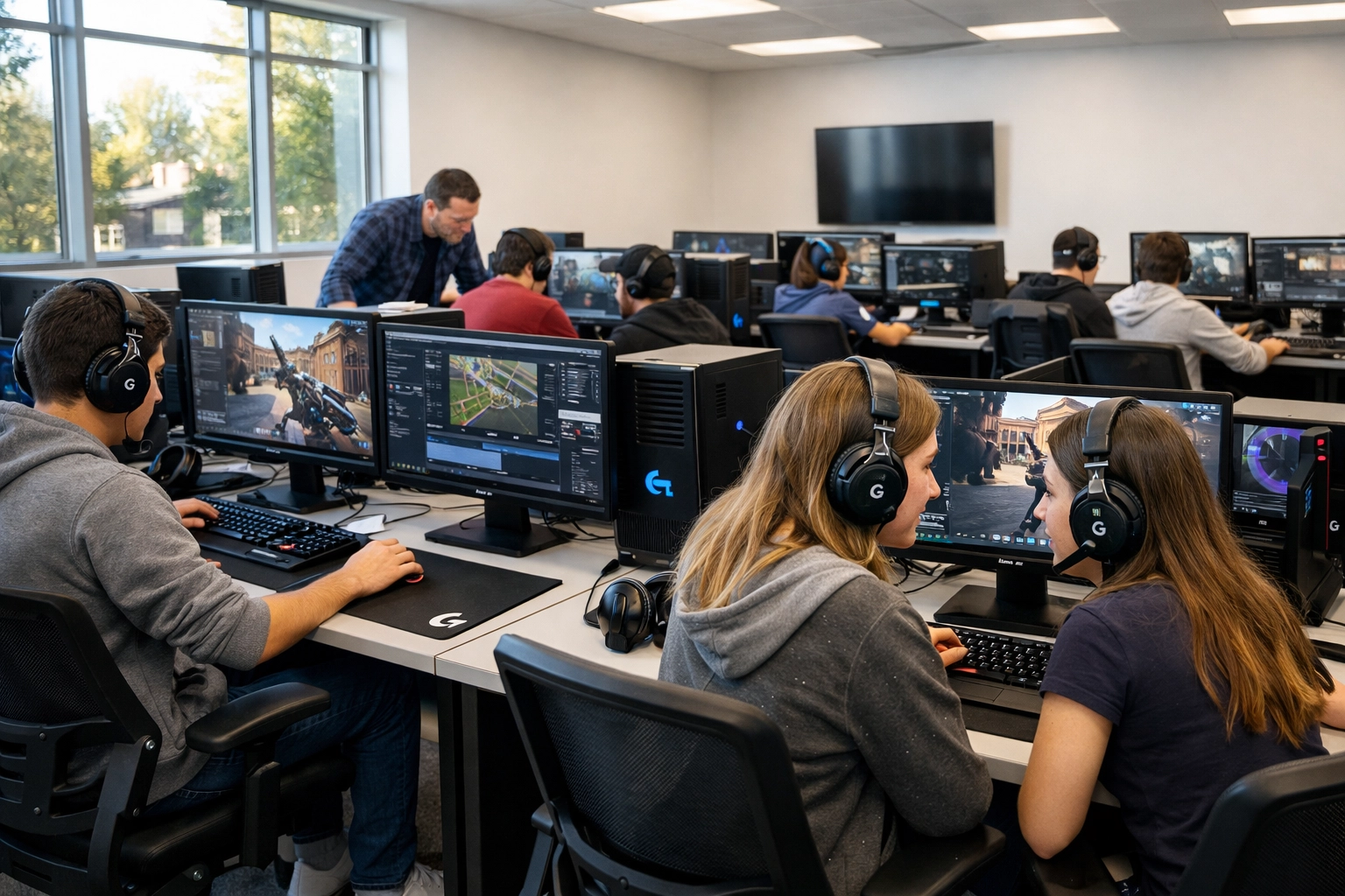 High school esports lab with gaming workstations for digital media and competitive gaming education