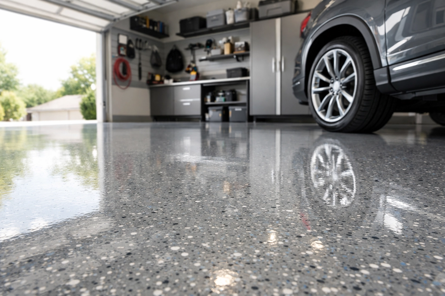 Modern garage with glossy polyaspartic floor coating featuring decorative flakes in Brandon MS