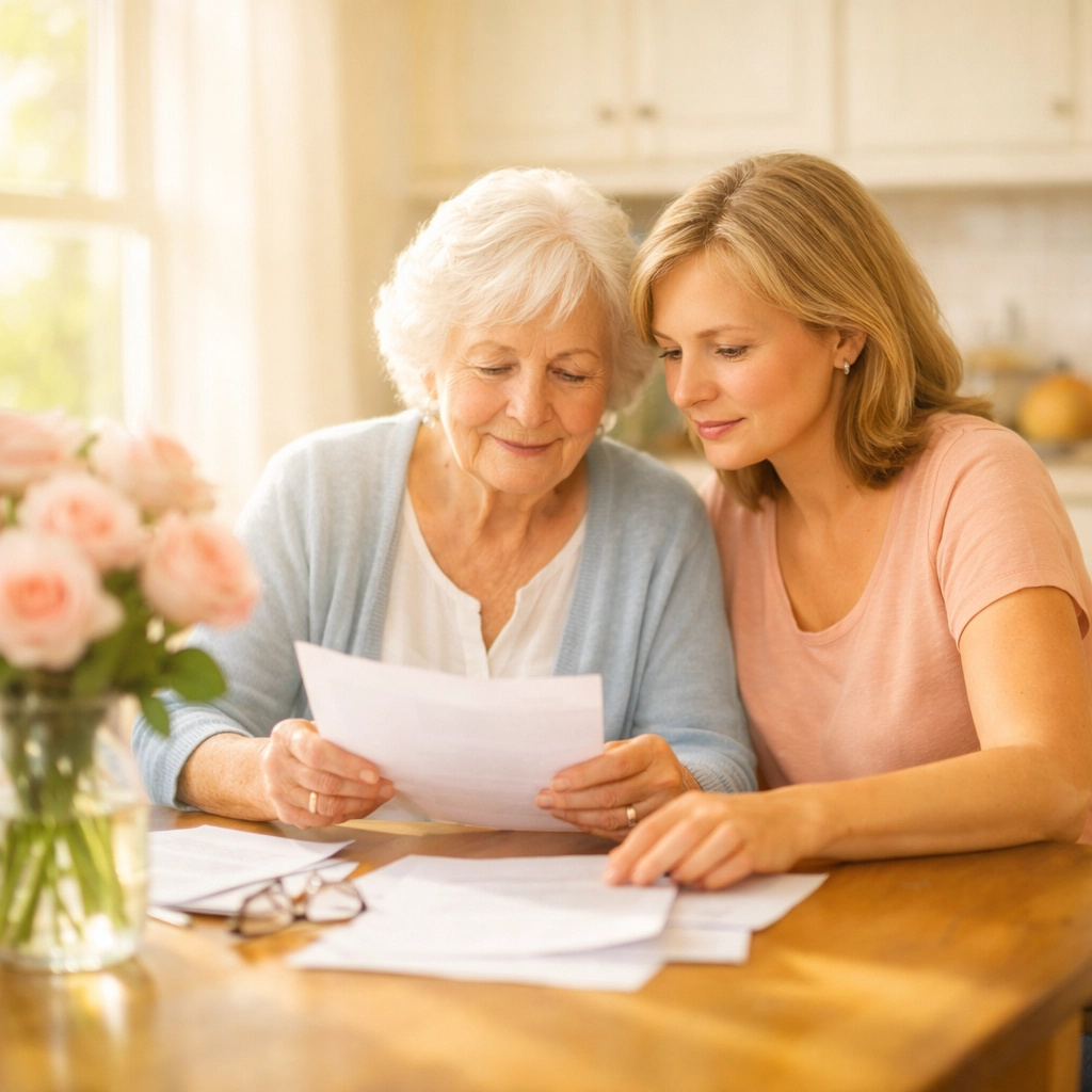 Daughter and elderly mother in Sarasota reviewing assisted living costs and Medicaid documents.