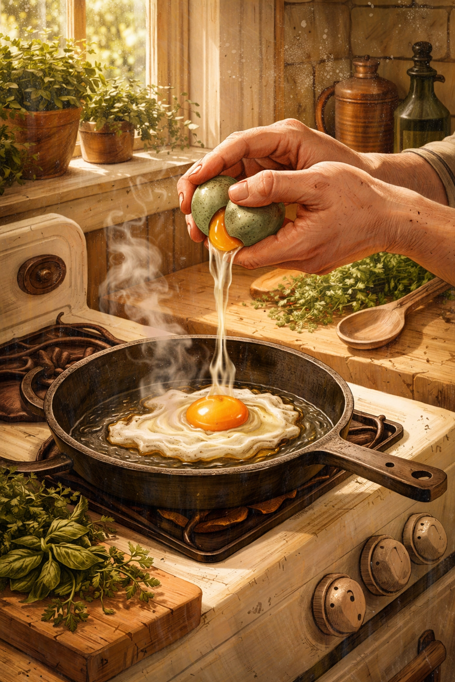 Hands cracking a green-shelled farm fresh egg with a golden yolk into a cast iron skillet on a farmhouse stove.