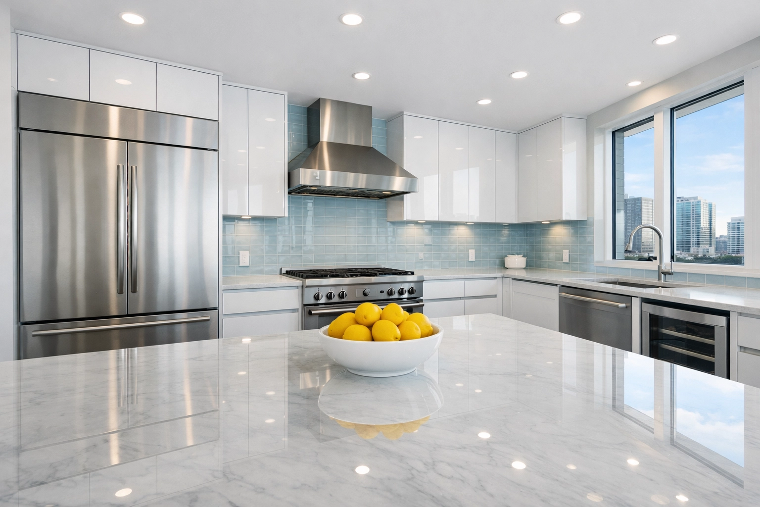 Impeccably clean modern Boston kitchen with sparkling marble counters after a professional move-out cleaning.