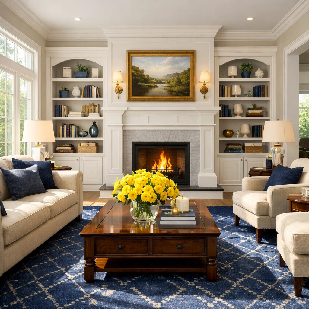 Dust-free living room in a Massachusetts home after professional post-construction cleaning services.